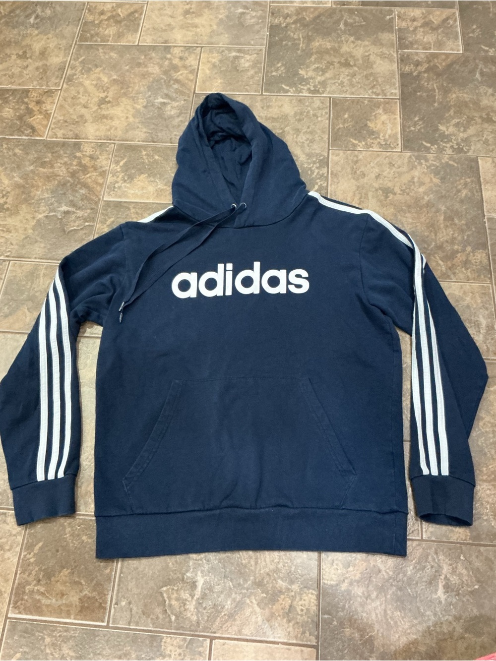 🥵 Adidas Navy Hoodie with White Logo and Sleeve Stripes